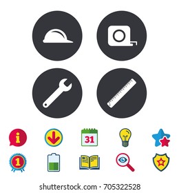 Construction helmet and wrench key tool icons. Ruler and tape measure roulette sign symbols. Calendar, Information and Download signs. Stars, Award and Book icons. Light bulb, Shield and Search