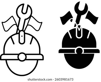 Construction helmet with wrenches and flags icon, worker safety and Labour Day celebration illustration with transparent background