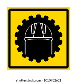Construction helmet, yellow square sign, black gear, vector illustration