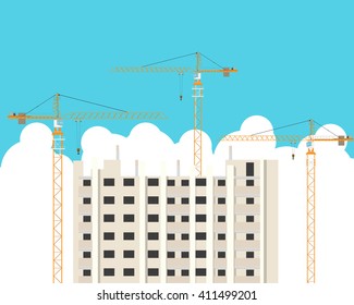 Construction of high-rise building with the help of cranes. Vector illustration