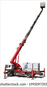 Construction hoist with cradle. The cradle is raised by a telescopic mechanism to a great height. High-altitude work. Aerial platform isolated on a white background. Illustration. Vector, eps10.