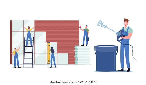 Construction and Home Renovation Works, Tiny Workers Male Female Characters Laying Huge Ceramics on Wall. Professional Repairman Service, Design Manual Improvement. Cartoon People Vector Illustration