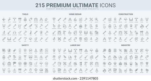 Construcción y reparación del hogar, trabajo y seguridad en la industria iconos delgados de la línea negra establecen la ilustración del vector. Indicación de los símbolos de los equipos y las herramientas para el servicio de construcción y mantenimiento, inspección