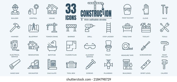 Construction and home repair tools icon set with editable stroke and white background. Thin line style stock vector.