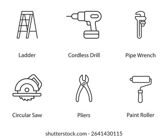 Construction and home repair tools icons outline vector collection
