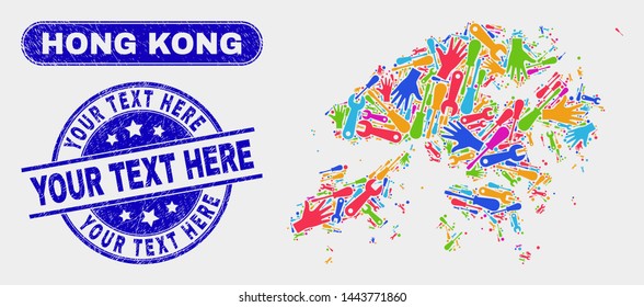 Construction Hong Kong map and blue Your Text Here grunge seal. Colored vector Hong Kong map mosaic of workshop. Blue rounded Your Text Here seal.