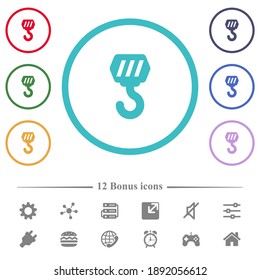 Construction hook flat color icons in circle shape outlines. 12 bonus icons included.