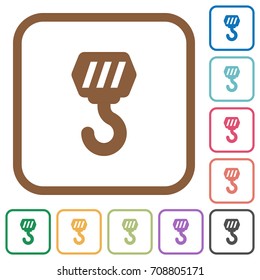 Construction hook simple icons in color rounded square frames on white background