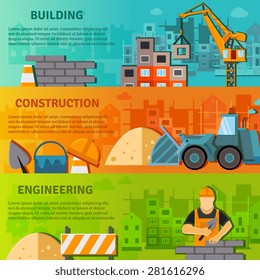 Construction horizontal banner set with building and engineering flat elements isolated vector illustration