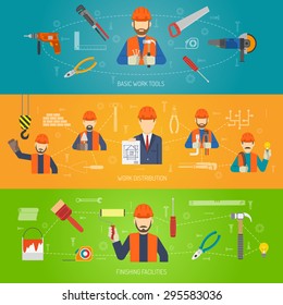 Construction horizontal banner set with flat work tools elements isolated vector illustration