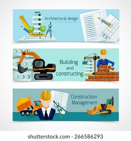 Construction horizontal banners set with architecture design and building elements isolated vector illustration