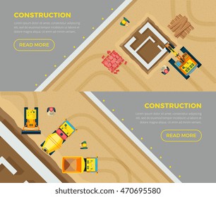  Construction horizontal banners set top view with machines flat isolated vector illustration 
