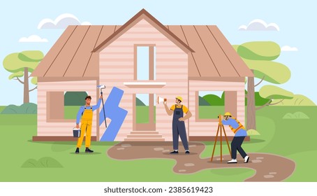 Construction of house process concept. Builders near wooden building. Men in uniform with planks. Architecture and engineering. Painter with bucket of paints. Cartoon flat vector illustration