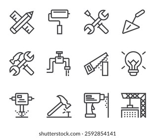 Construction house project development isolated line thin icon set	