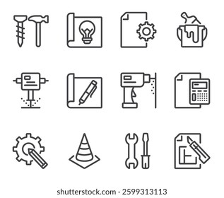 Construction house project development isolated line thin icon set	