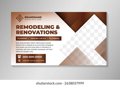 Construction and house renovation services cover web banner and social media post design template. horizontal layout with square space for photo. brown white gradient on element and background. 