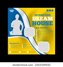 construction and house renovation services social media poster and web banner design template