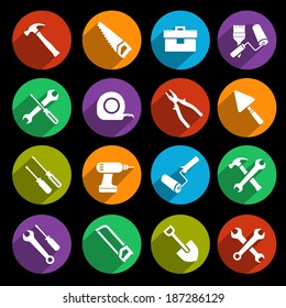 Construction or house renovation working tools icons set of wrench hammer screwdriver and saw isolated vector illustration