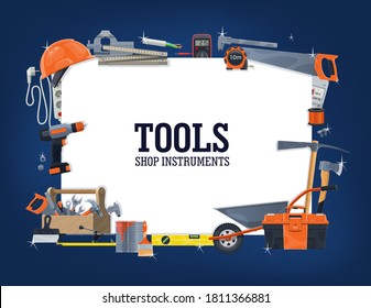 Construction, house repair tools shop banner. Wheelbarrow, toolbox and helmet, carpenter rule, measure tape and level, pickaxe and saw, multimeter, extension cord and tile cutter, screwdriver vector