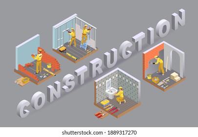 Construction and house repairs. Worker builds a brick wall. Plumber is installing washbasin. Builder is plastering. Concept of renovation. Isometric vector illustration. 3d isolated on grey.