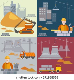 Construction of houses, buildings, factories, construction site - flat icons set 