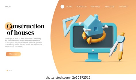 Construção de casas, design de interiores tecnologias de computador tridimensionais. Design de landing page de vetor de estilo plástico 3D cartoon. Casa e computador 3D. Serviço de desenvolvedor do Render house architect