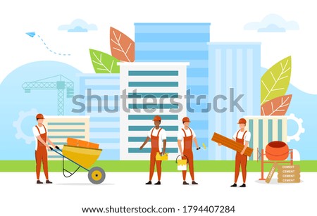 Construction of houses vector illustration. Workers buildings new houses in modern city
