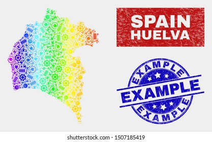 Construction Huelva Province map and blue Example distress seal. Rainbow colored gradiented vector Huelva Province map mosaic of equipment items. Blue round Example seal.