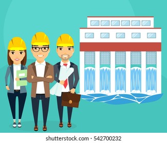 Construction of hydroelectric power. Converting water flow into electrical energy. A young team of engineers. Happy people