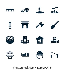 Construction icon. collection of 16 construction filled icons such as barrier, shovel, family house, water pipe, hospital. editable construction icons for web and mobile.