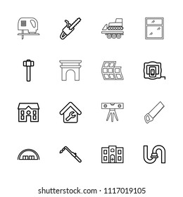 Construction icon. collection of 16 construction outline icons such as barn, measure tape, pipe, house, blowtorch. editable construction icons for web and mobile.