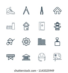 Construction icon. collection of 16 construction outline icons such as barrier, business center, hook with cargo, pliers. editable construction icons for web and mobile.