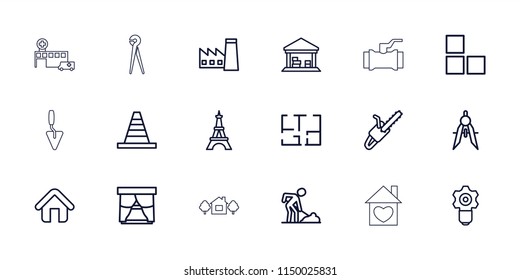 Construction icon. collection of 18 construction outline icons such as factory, brick wall, eiffel tower, cone, digging man. editable construction icons for web and mobile.