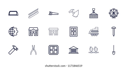 Construction icon. collection of 18 construction outline icons such as window, nail, house, hummer, hacksaw, ferris wheel. editable construction icons for web and mobile.