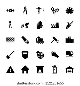 Construction icon. collection of 25 construction filled icons such as house building, hammer, gloves, saw, electric saw. editable construction icons for web and mobile.