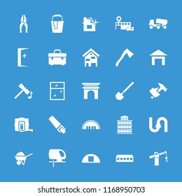 Construction icon. collection of 25 construction filled icons such as barn, measure tape, hammer, axe, cargo barn, aid post. editable construction icons for web and mobile.