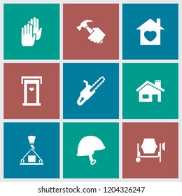 Construction icon. collection of 9 construction filled icons such as door with heart, chain saw, home with heart, helmet. editable construction icons for web and mobile.