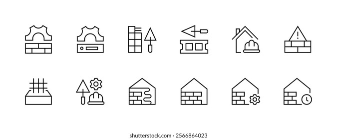 Construction icon collection. Brickwork icon set. Equipment, maintenance, instrument, measure, concrete, labour, bricklayer and more. Editable stroke. Pixel Perfect. Grid base 32px.