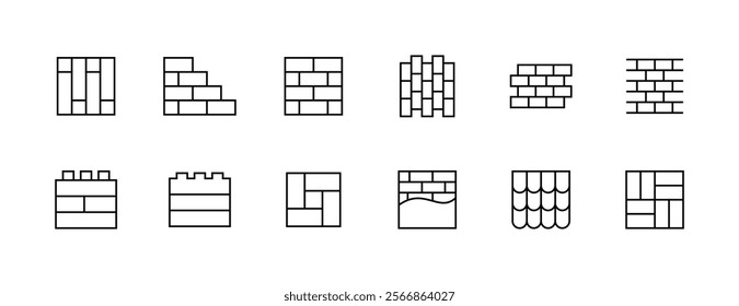Construction icon collection. Brickwork icon set. Equipment, maintenance, instrument, measure, concrete, labour, bricklayer and more. Editable stroke. Pixel Perfect. Grid base 32px.