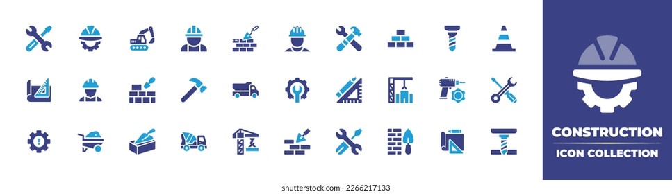 Construction icon collection. Duotone color. Vector illustration. Containing support, engineering, excavator, worker, brickwall, construction and tools, tools, brick wall, drill, cone, blueprint.