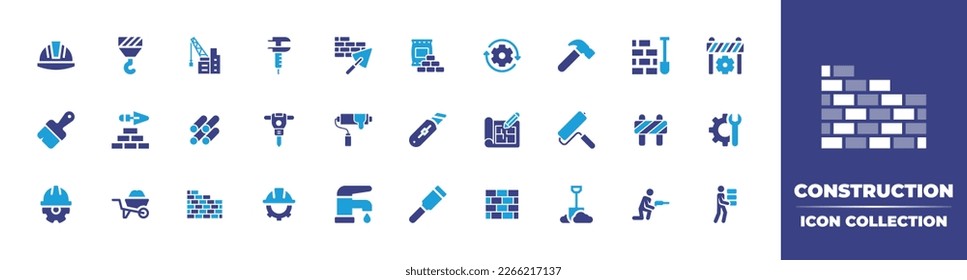 Colección de iconos de construcción. Color de duotona. Ilustración vectorial. Conteniendo casco, gancho, construcción, pinza, ladrillo, materiales de construcción, flechas, martillo, barrera de tráfico, pincel de pintura, palo.