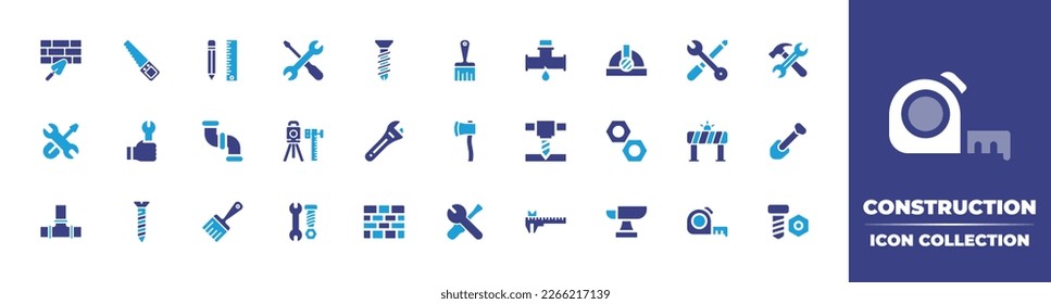 Construction icon collection. Duotone color. Vector illustration. Containing brick wall, saw, drawing, wrench tool, screw, brush, leak, hard hat, tool, repair tools, screwdriver, wrench, pipe, tripod.