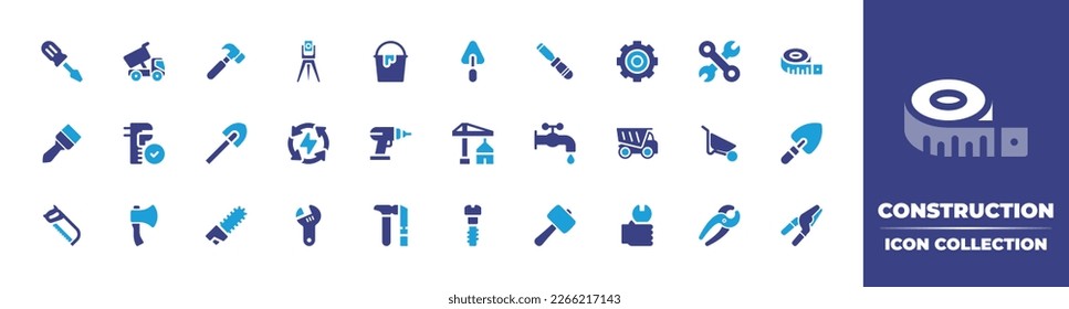 Construction icon collection. Duotone color. Vector illustration. Containing screwdriver, load truck, hammer, measuring, bucket, trowel, chisel, cog, wrench, measuring tape, brush tool, caliper.