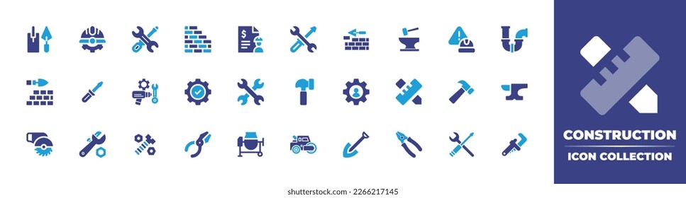 Construction icon collection. Duotone color. Vector illustration. Containing construction tools, helmet, tools, parquet, contract, repair, brick, anvil, sign, pipe, brick wall, screwdriver.