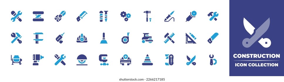 Construction icon collection. Duotone color. Vector illustration. Containing construction and tools, construction, saw, screws, gear, hammer, welder, grinder, wrench, vernier caliper, drill, helmet.