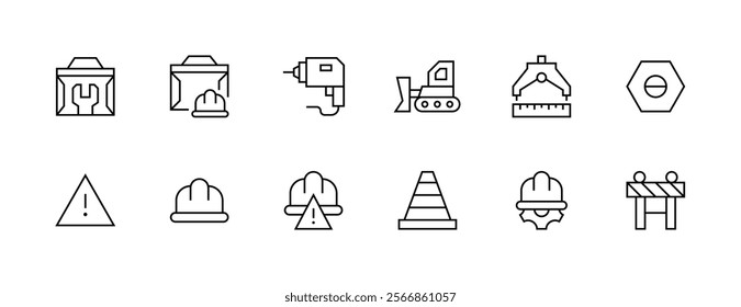 Construction icon collection. Equipment, maintenance, instrument, measure, driller, labour, renovation, toolbox, road block and more. Editable stroke. Pixel Perfect. Grid base 32px.