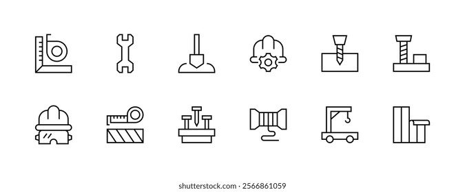 Construction icon collection. Equipment, maintenance, instrument, measure, woodwork, labour, renovation and more. Editable stroke. Pixel Perfect. Grid base 32px.