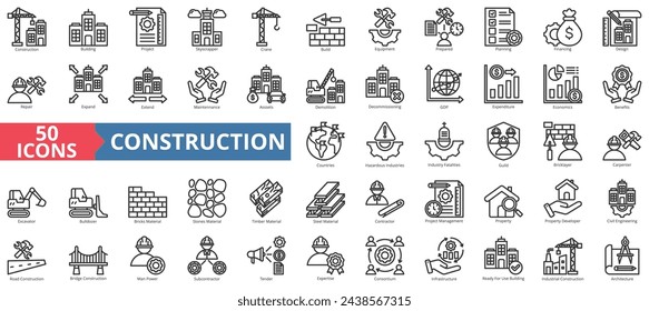 Construction icon collection set. Containing building, project, skyscraper, crane, build, equipment, prepared icon. Simple line vector