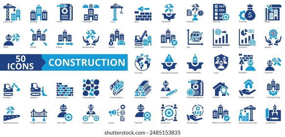 Conjunto de colección de iconos de construcción. Conteniendo edificio, proyecto, rascacielos, grúa, construir, equipo, icono preparado. Vector plano simple