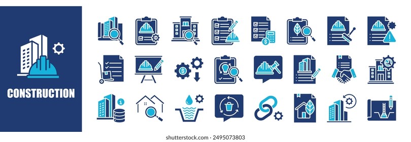 Construction icon collection set. Containing design, engineering, industry, construction, equipment, site, and more. Solid vector icons collection.	